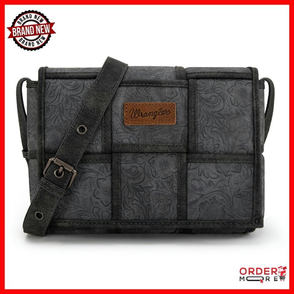 Vegan Leather Crossbody Bag with Floral Tooling, Adjustable Strap, Spacious